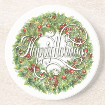 Elegant Classic Holiday Wreath With Script Drink Coaster by ArtDivination at Zazzle