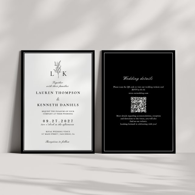 Elegant Classic Leaf Monogram QR Code Wedding Invitation (Creator Uploaded)