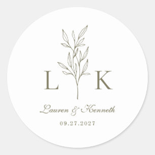Elegant Classic Leaf Monogram Wedding Olive Green Round Sticker