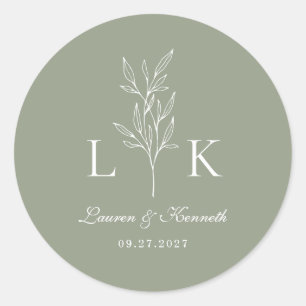 Elegant Classic Leaf Monogram Wedding Sage Green Classic Round Sticker