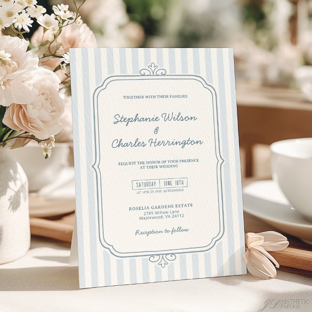 Elegant Classic Light Blue Beige Striped Wedding Invitation (Creator Uploaded)