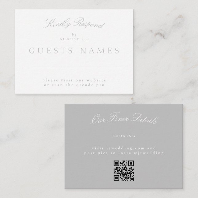 Elegant Classic Light Grey Wedding QR CODE RSVP Note Card (Front/Back)