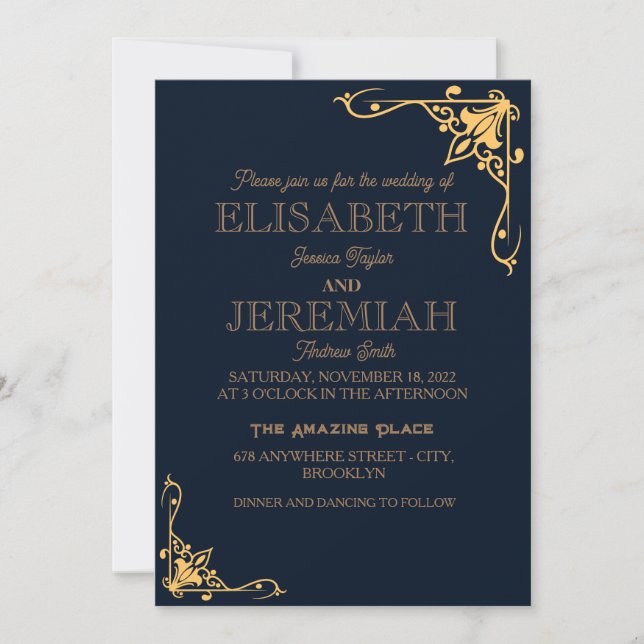 elegant Classic luxurious blue gold wedding Invitation (Front)
