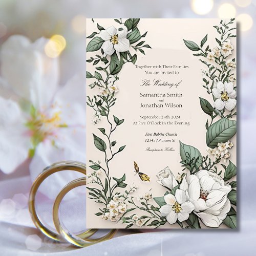 Elegant Classic Luxurious White Magnolias Wedding Invitation