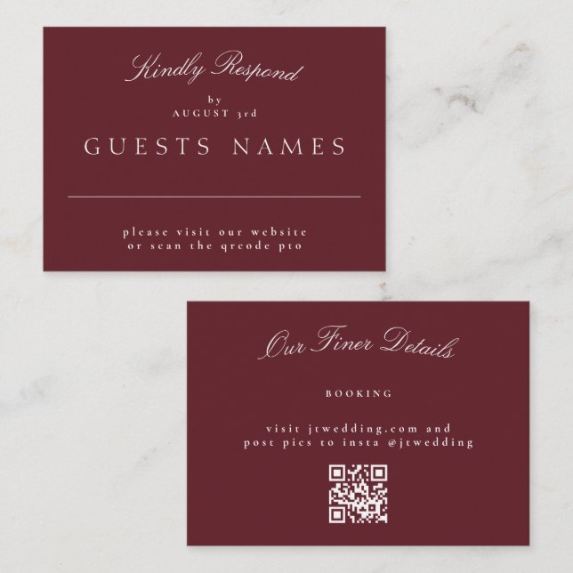 Elegant Classic Maroon Wedding QR CODE RSVP Note Card (Front/Back)