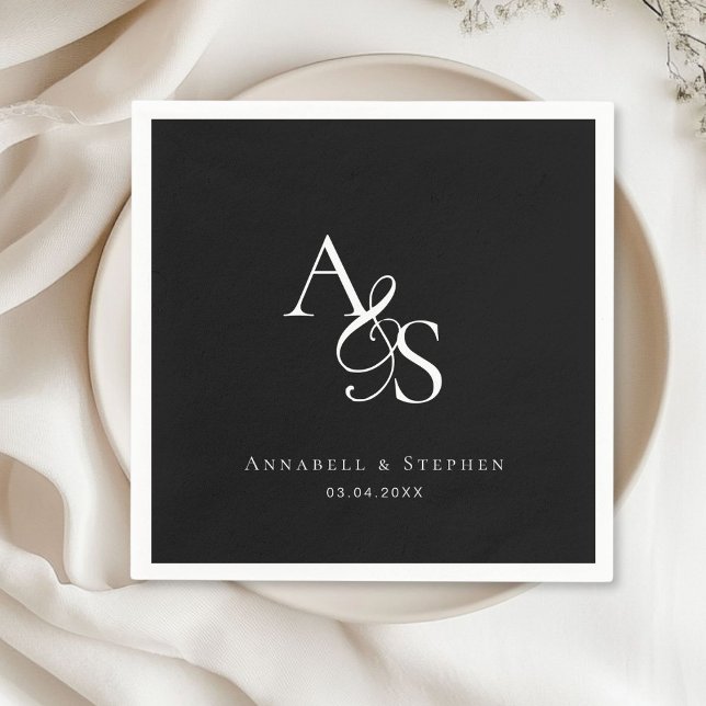 Elegant, Classic, Monogram, Black Wedding Napkins (Elegant, Classic, Monogram, Black & White, Wedding Napkin with your name and date.)
