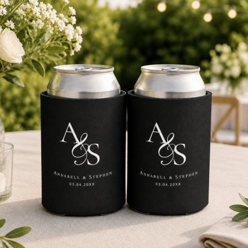 Elegant Classic Monogram Black White Wedding Can Cooler