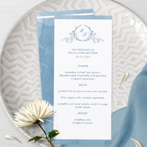 Elegant Classic Monogram Blue Watercolor Wedding Menu