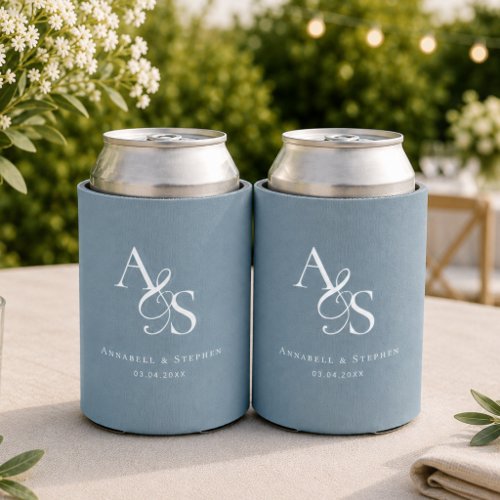 Elegant Classic Monogram Blue White Wedding Can Cooler