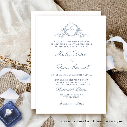 Elegant Classic Monogram Dusty Blue Wedding Invitation | Zazzle