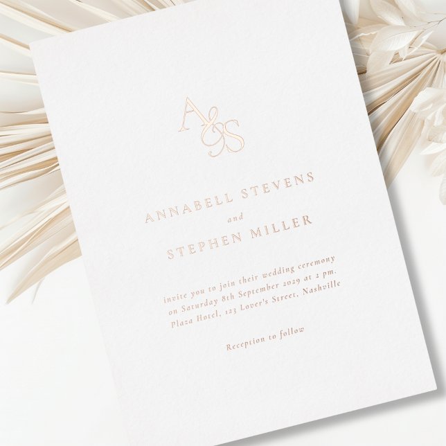Elegant, Classic, Monogram, Foil, Wedding   Foil Invitation (White, elegant, classic wedding invitation. Rose-Gold, real Foil, typography.)