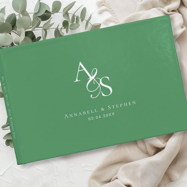 Elegant, Classic, Monogram, Forest-Green, Wedding Guest Book (Elegant, Classic, Monogram, Green & White, Wedding Guest Book)