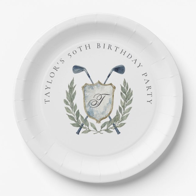 Elegant Classic Monogram Golf Crest Birthday Party Paper Plates (Front)