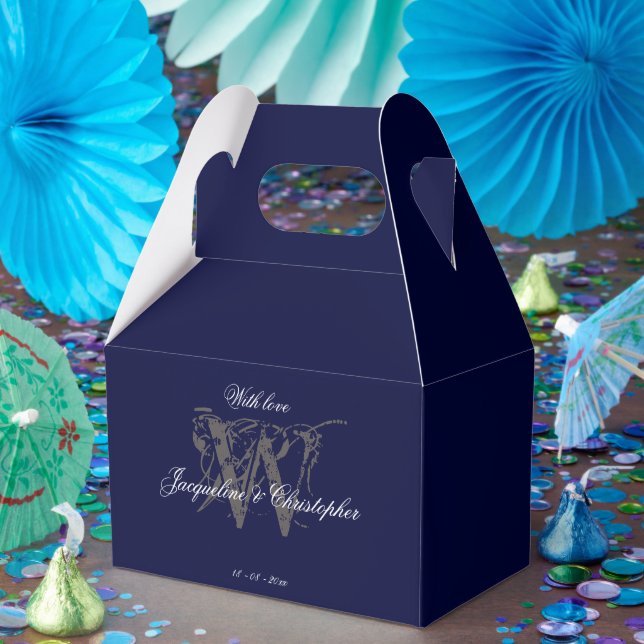 Elegant Classic Monogram & Names Navy Blue Wedding Favor Boxes (Party)