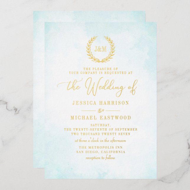 Elegant Classic Monogram Turquoise Gold Wedding Foil Invitation (Front/Back)