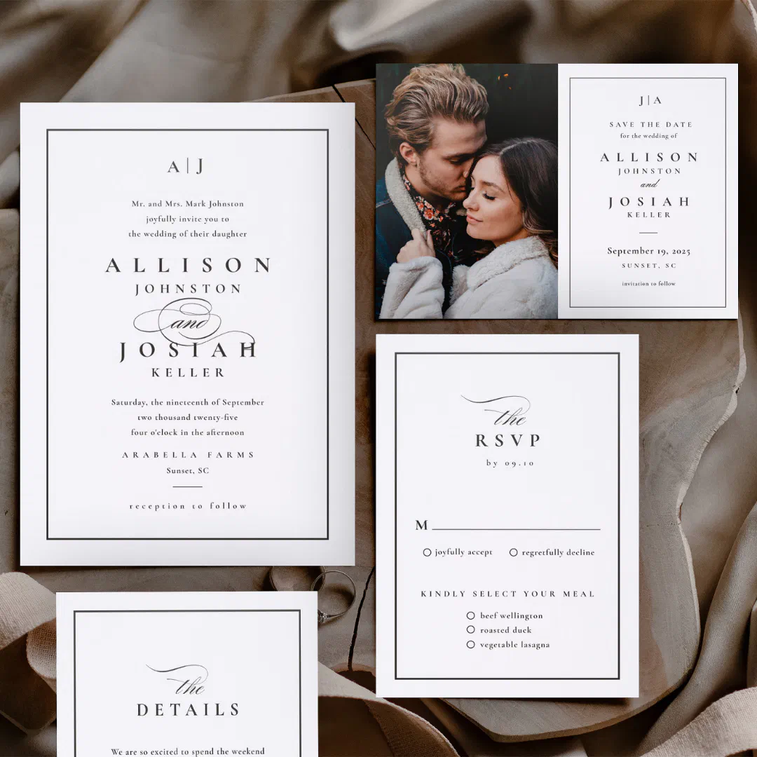 There are four different types of stationery in this image all based around a wedding. The invitation with or without a custom photo, the RSVP and an enclosure card. They all have the same black and white designs with shades of brown in the background.