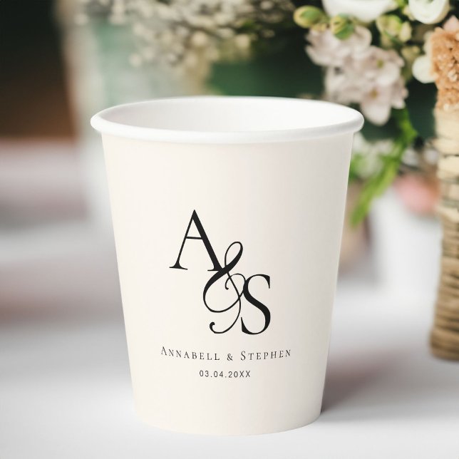 Elegant, Classic, Monogram, Wedding Paper Cups (Elegant, Classic, Monogram, Beige, Wedding Paper Cups with your name and date. )