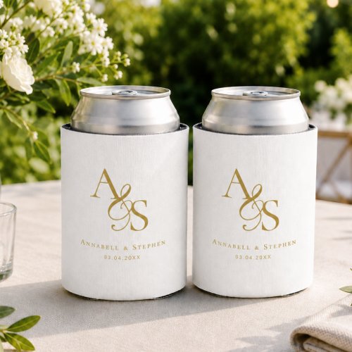 Elegant Classic Monogram White Beige-Gold Wedding Can Cooler