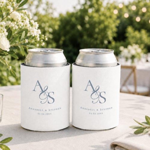 Elegant Classic Monogram White Blue Wedding Can Cooler