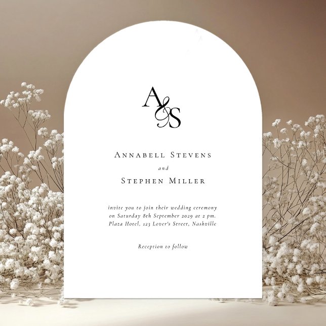 Elegant, Classic, Monogram, White, Wedding Invitation (Elegant, classic, monogram, black & white, arch wedding invitation.)