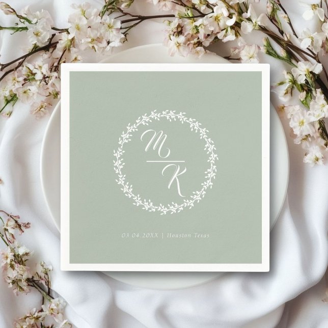 Elegant, classic monogram wreath napkins (Personalized, elegant, classic green wedding napkin, simple wreath, with your monograms & text.)