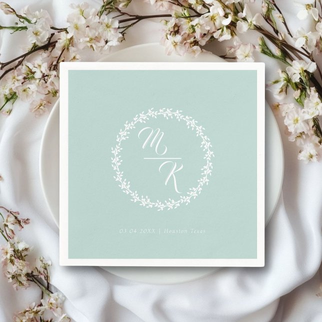 Elegant, classic monogram wreath napkins (Personalized, elegant, classic mint-green wedding napkin, simple wreath, with your monograms & text.)