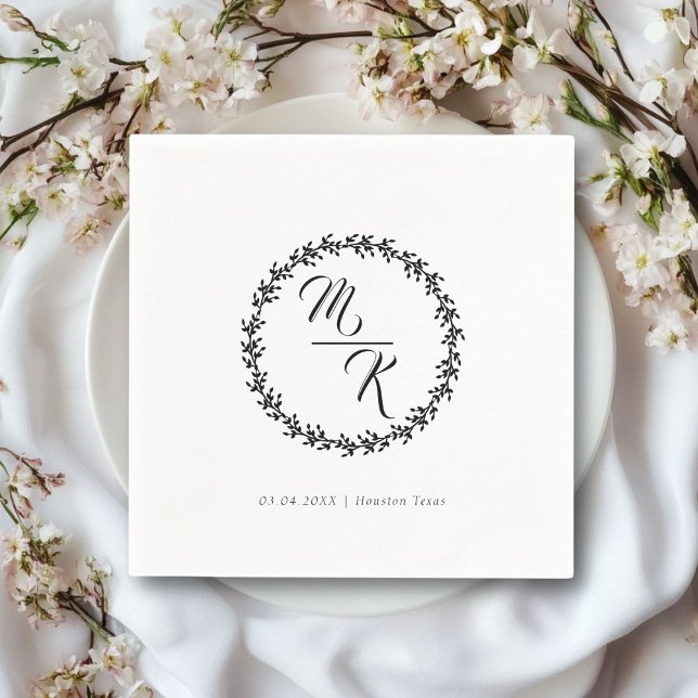 Elegant, classic monogram wreath napkins (Personalized, elegant, classic white wedding napkin, simple wreath, with your monograms & text.)