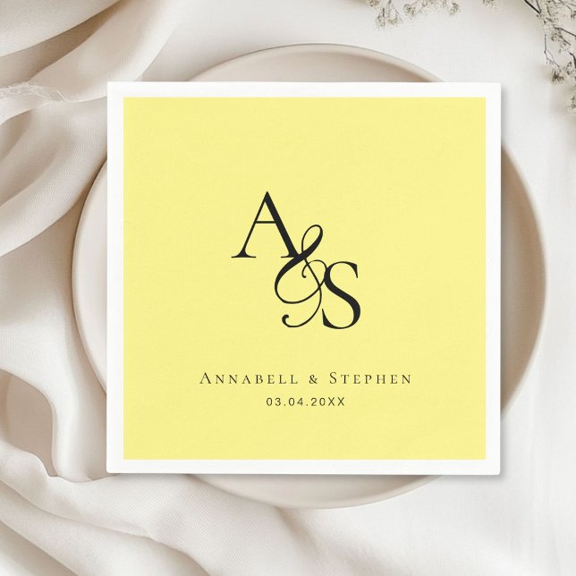 Elegant, Classic, Monogram, Yellow, Wedding Napkins (Elegant, Classic, Monogram, Yellow, Wedding Napkin with your name and date.)