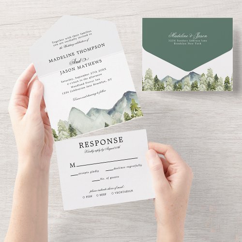 Elegant Classic Mountain Forest Watercolor Wedding All In One Invitation