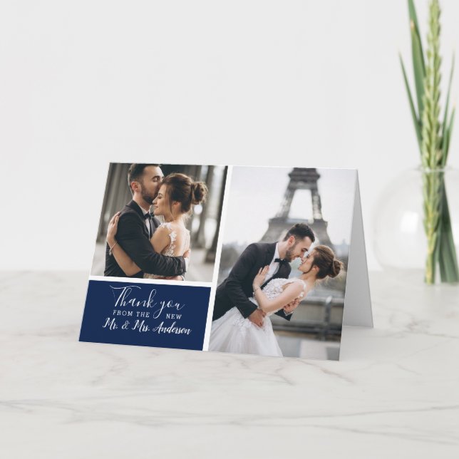 Elegant Classic Navy 2 Photo Collage Wedding Thank You Card (Front)