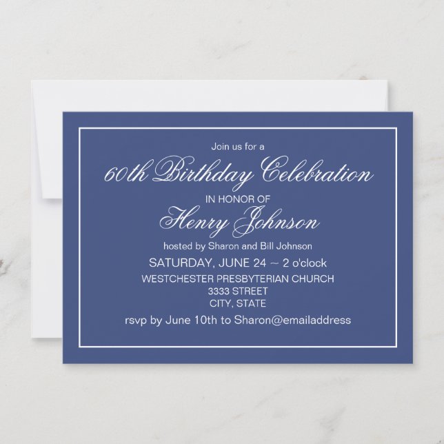 Elegant Classic Navy Blue and White 60th Birthday Invitation (Front)