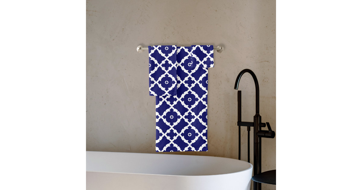 Elegant Classic Navy Blue and White Mosaic Pattern Bath Towel Set Zazzle