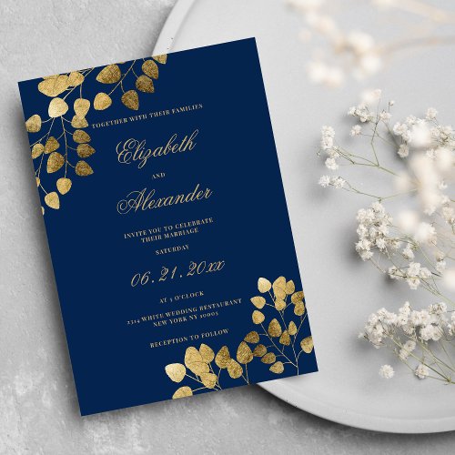 Elegant classic navy blue gold eucalyptus wedding invitation