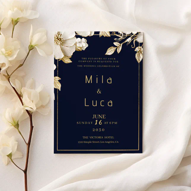 Elegant classic navy blue gold floral Wedding Invitation | Zazzle