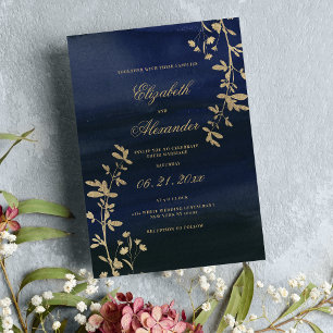  Elegant classic navy blue gold floral wedding Invitation