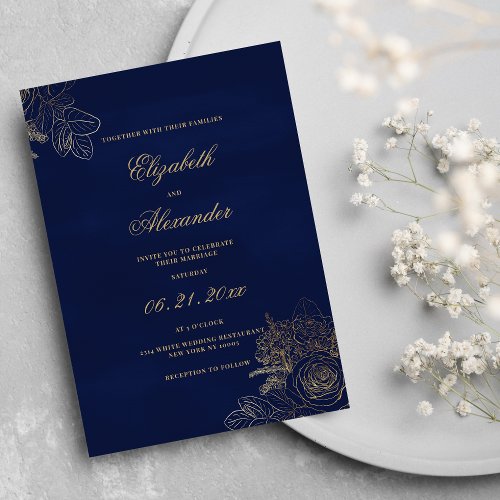 Elegant classic navy blue gold foil floral wedding invitation