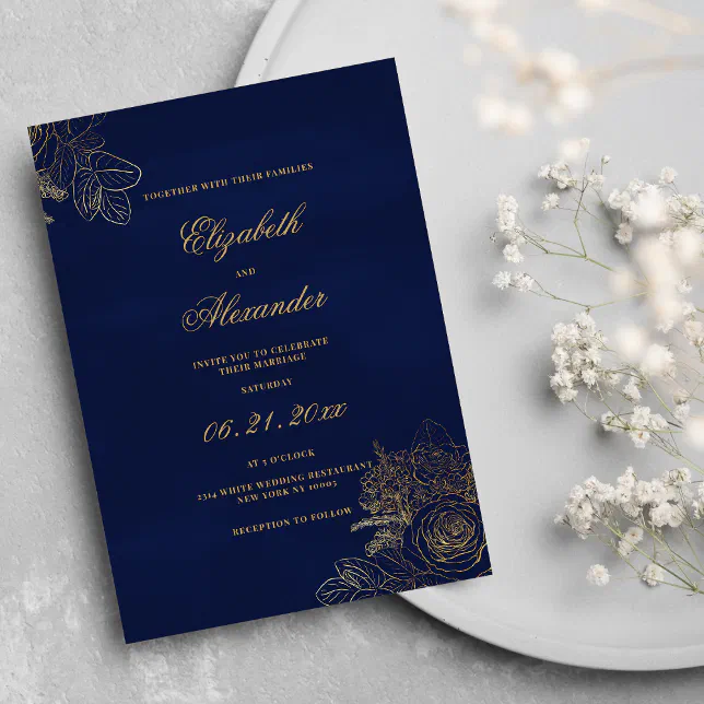 Elegant classic navy blue gold foil floral wedding invitation | Zazzle