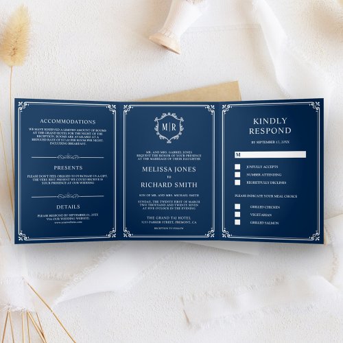 Elegant Classic Navy Blue Monogram Wedding Tri_Fold Invitation
