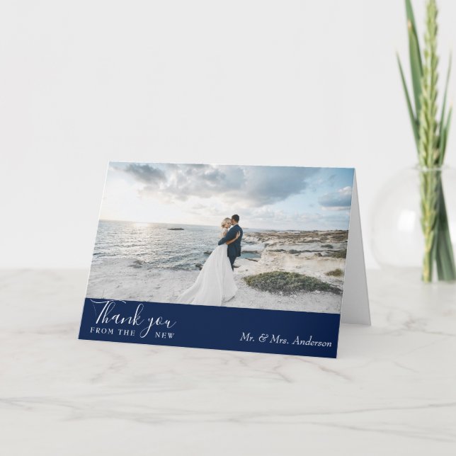 Elegant Classic Navy Photo Wedding Thank You Card (Front)