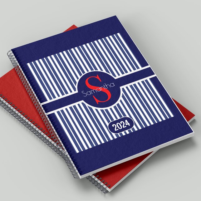 Elegant Classic Navy Red Striped Initial Monogram Planner (Creator Uploaded)