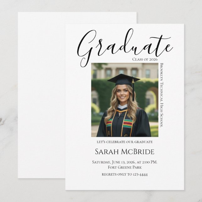 Elegant Classic One Photo Graduation Invitation (Front/Back)