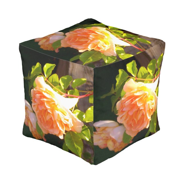 Elegant classic orange peach roses floral pouf (Angled Front)