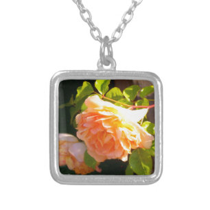 Elegant classic orange peach roses floral silver plated necklace