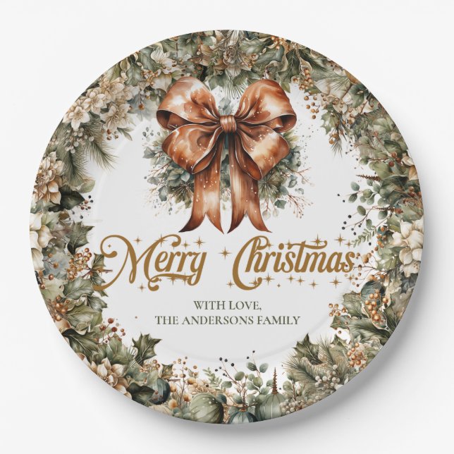 Elegant classic pastel green gold Christmas bells Paper Plates (Front)