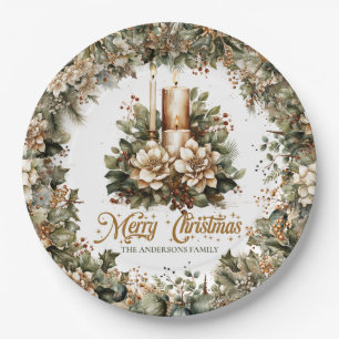 Elegant classic pastel green gold Christmas candle Paper Plates