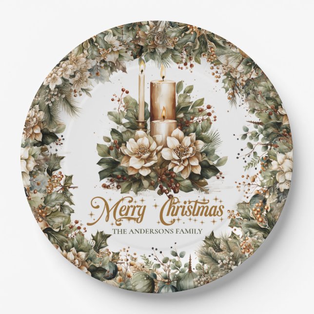 Elegant classic pastel green gold Christmas candle Paper Plates (Front)