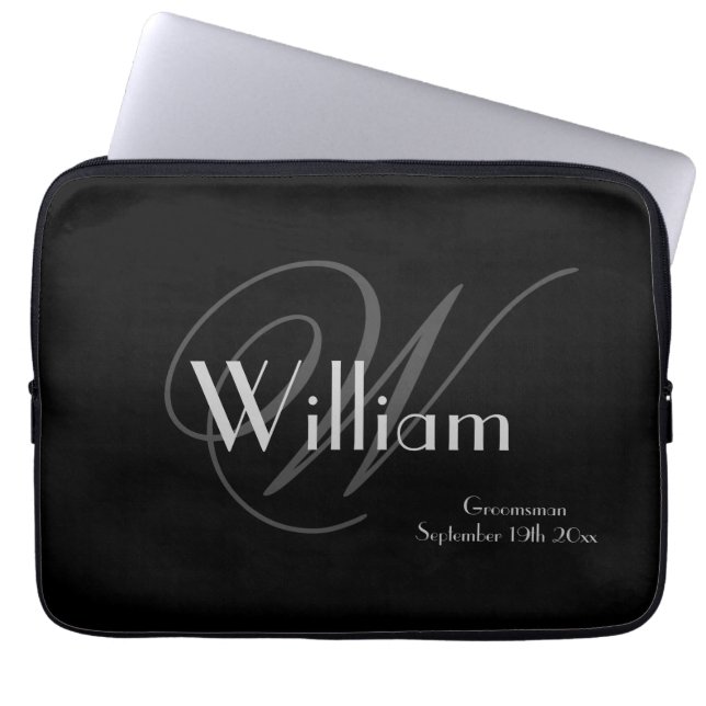 Elegant Classic Personalized Name+Monogram Black  Laptop Sleeve (Front)