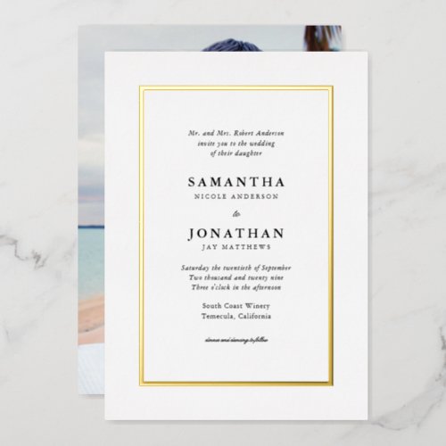 Elegant Classic Photo Gold Foil Border Wedding Foil Invitation