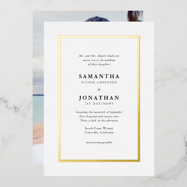 Elegant Classic Photo Gold Foil Border Wedding Foil Invitation (Front/Back)