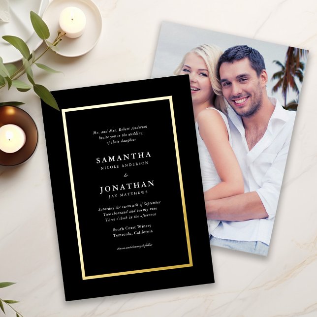 Elegant Classic Photo Gold Foil Border Wedding Foil Invitation (Creator Uploaded)